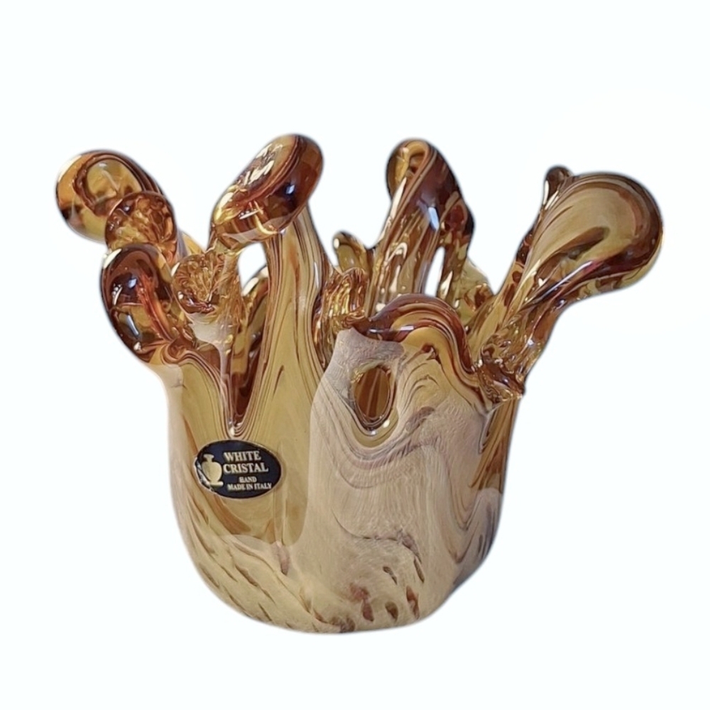Authentic MURANO White Crystal Amber Art Glass Vase Itay